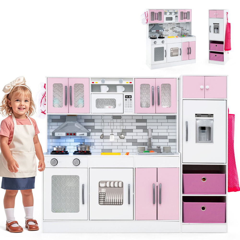 Costway Kids Pink Kitchen Play Set with Lights and Sounds Image 3