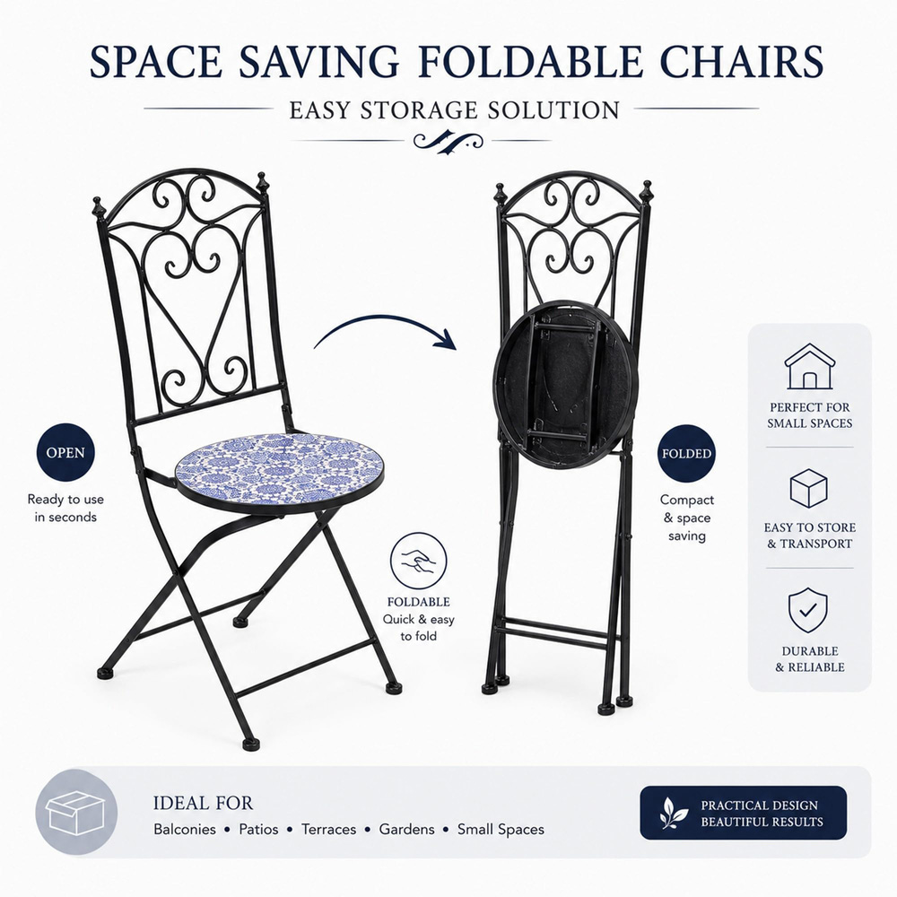 Shatchi Porto 2 Seater Mosaic Ceramic Tile Top Foldable Bistro Set Image 3