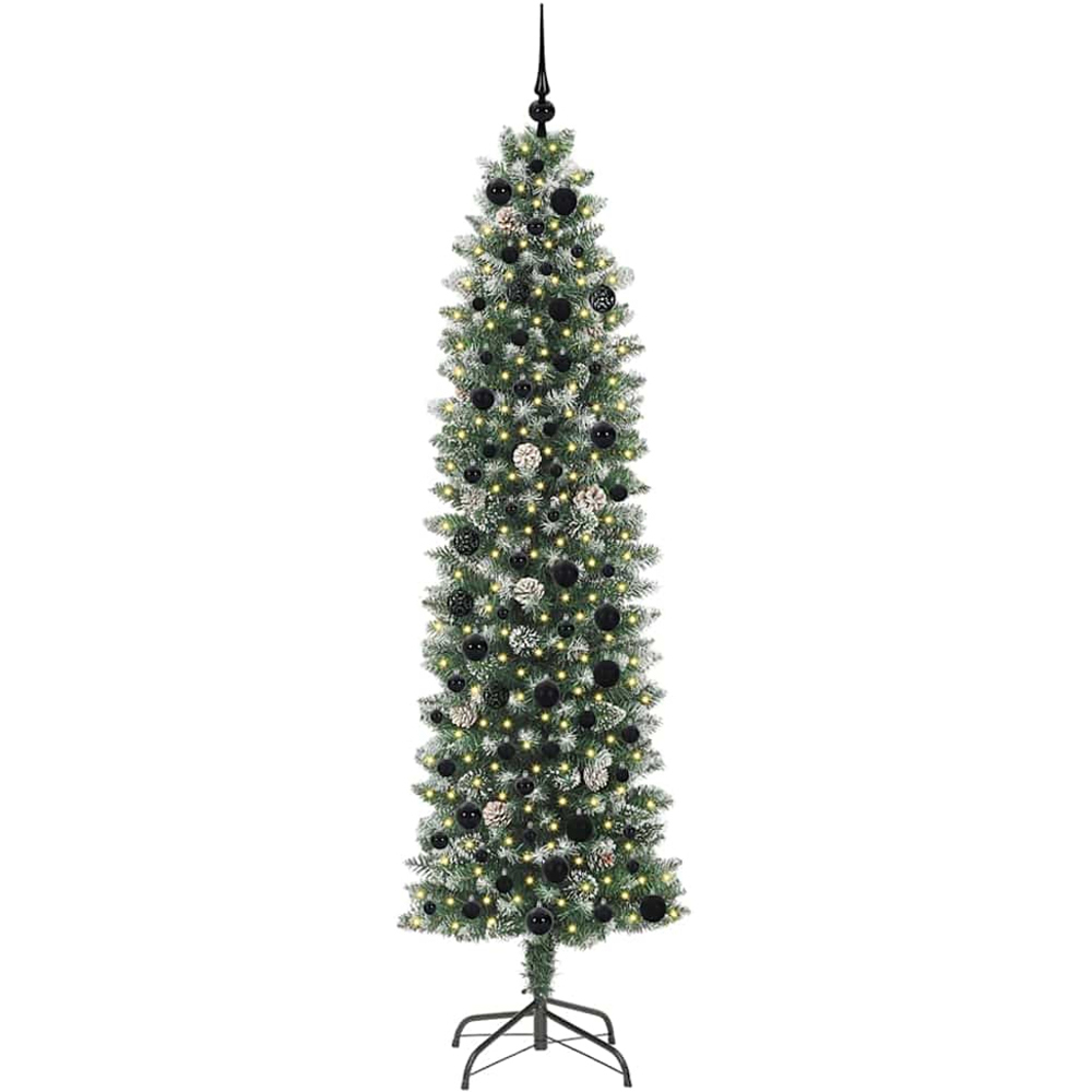 vidaXL Pre-Lit Warm White LED and Black Baubles Green Slim Artificial Christmas Tree 7ft Image 1