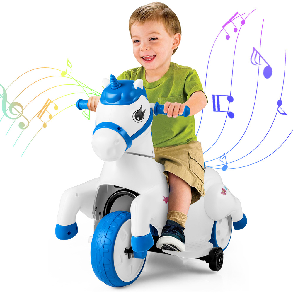 Costway Kids Blue and White Unicorn Ride On Toy with Training Wheels 12V Image 4