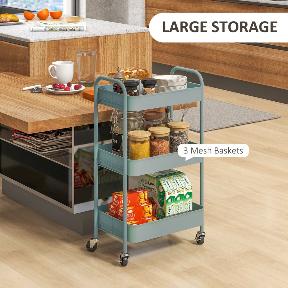 HOMCOM 3 Shelf Light Blue Rolling Utility Cart Image 8