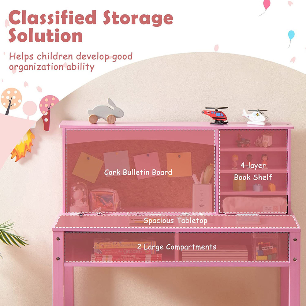 Costway Kids Pink Table and Chair Set with Hutch Image 7