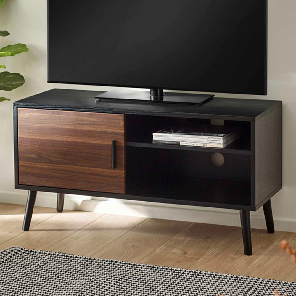 Julian Bowen Trent Single Door Walnut and Black Small TV Stand for 43 inch Image 1