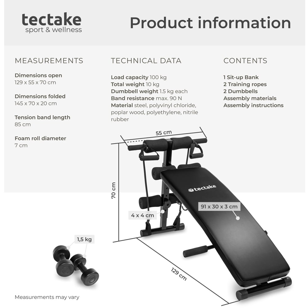 tectake 6 Positions Foldable Sit Up Bench Cuttler with 2 Dumbbells and Elastic Bands Image 9