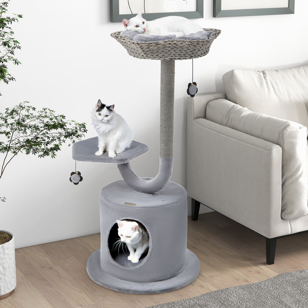 Costway 3 Tier Grey Cat Tree with Raper Rope Covered Scratching Post Image 2
