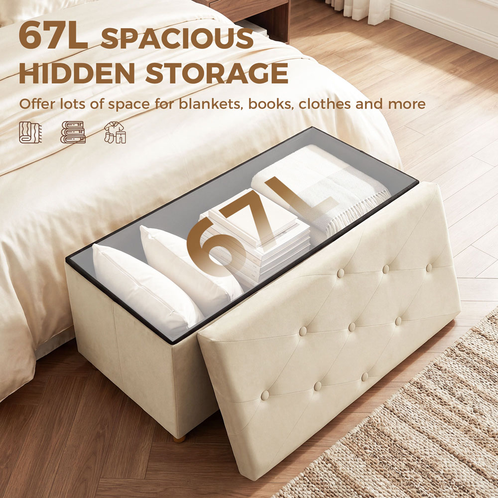 HOMCOM Cream Velvet Upholstered Foldable Ottoman Footrest with Wood Legs Image 5