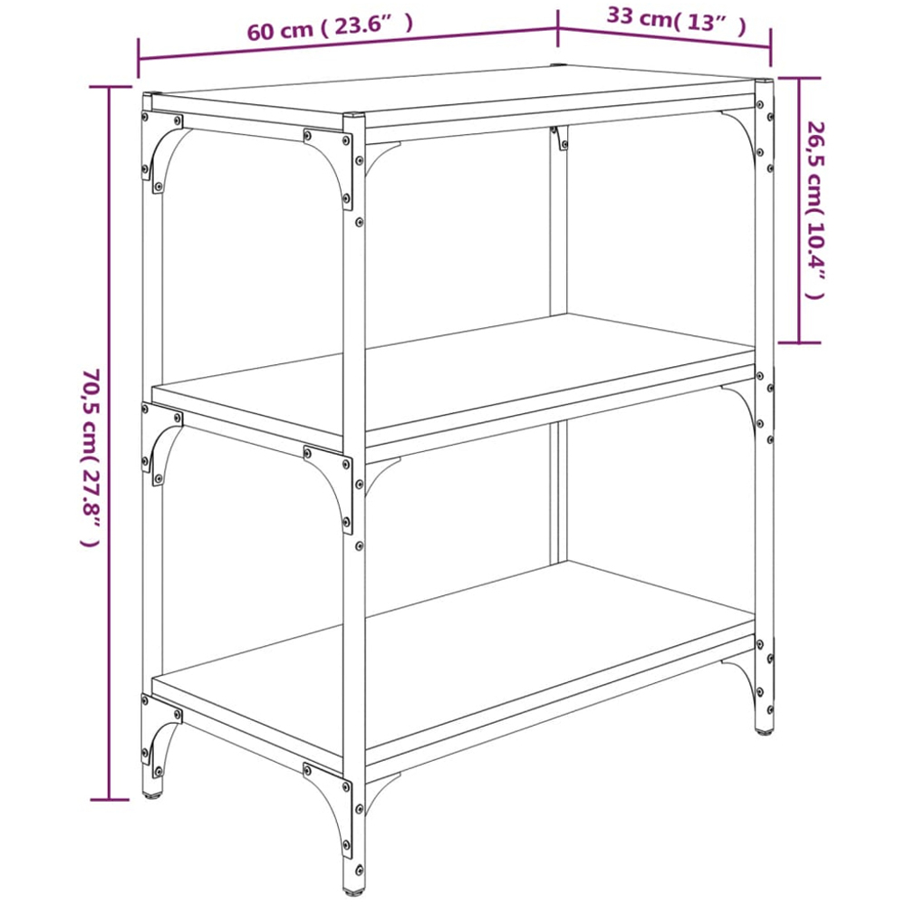vidaXL 3 Shelf Smoked Oak Processed Wood and Steel Bookcase Image 9