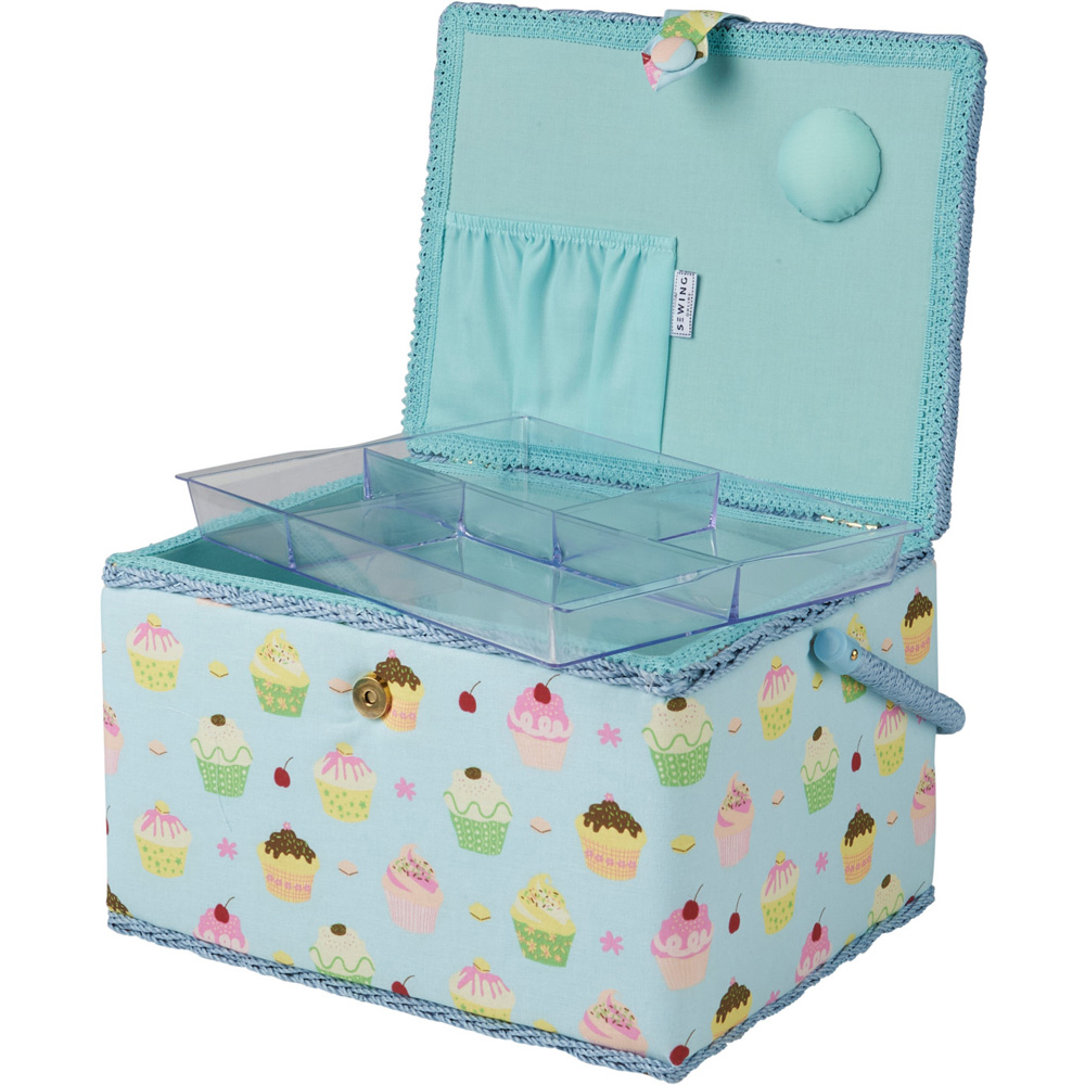 Sewing Online Blue Cupcakes Design Large Sewing Box with Carry Handle Image 2