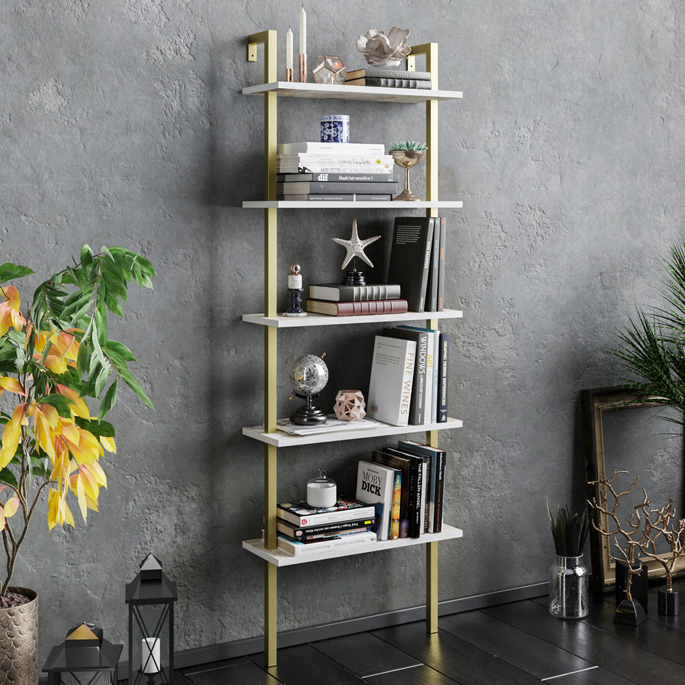 Decorotika Piante 5 Shelf White Marble and Gold Bookshelf Image 1