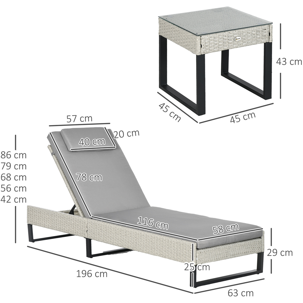 Outsunny Set of 2 Grey Cushion Reclining Rattan Sun Lounger with Table Image 7