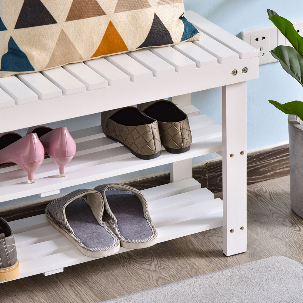 Portland White Wooden Shoe Bench with Slatted Shelves Image 3