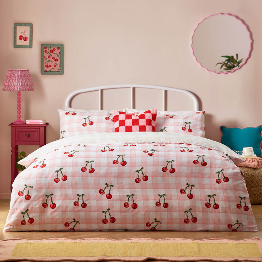 Heya Home Single Pink Cherry Gingham Printed Duvet Set Image 4