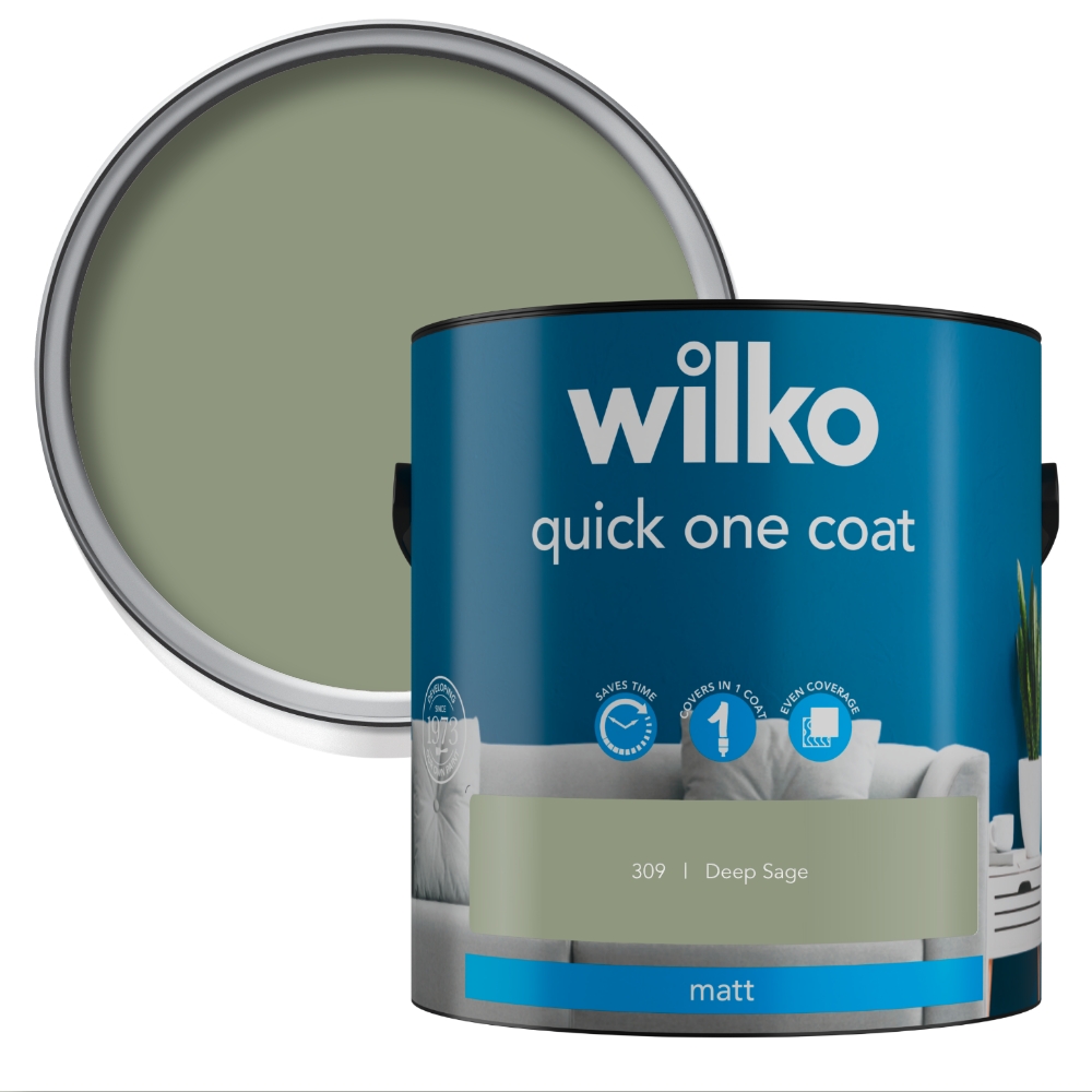 Wilko Quick One Coat Deep Sage Matt Emulsion Paint 2.5L Image 1