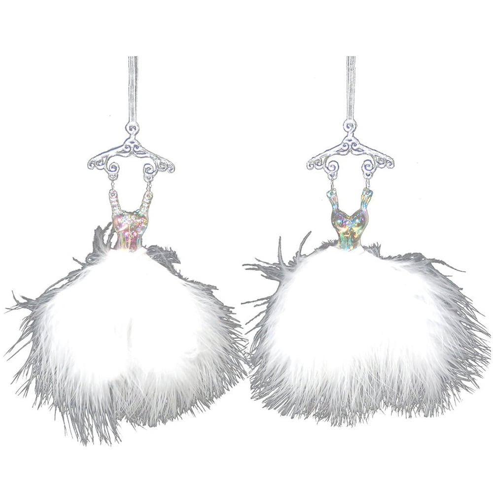 Single Frosted Fairytale White Feather Dress Hanging Ornament in Assorted styles Image