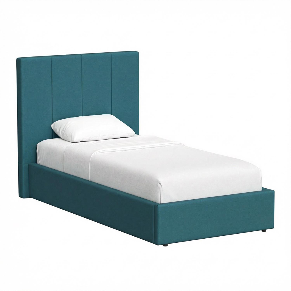 FWStyle Hoscar Single Dolphin Blue Upholstered Lift-Up Ottoman Bed Frame with Ribbed Headboard Image 2