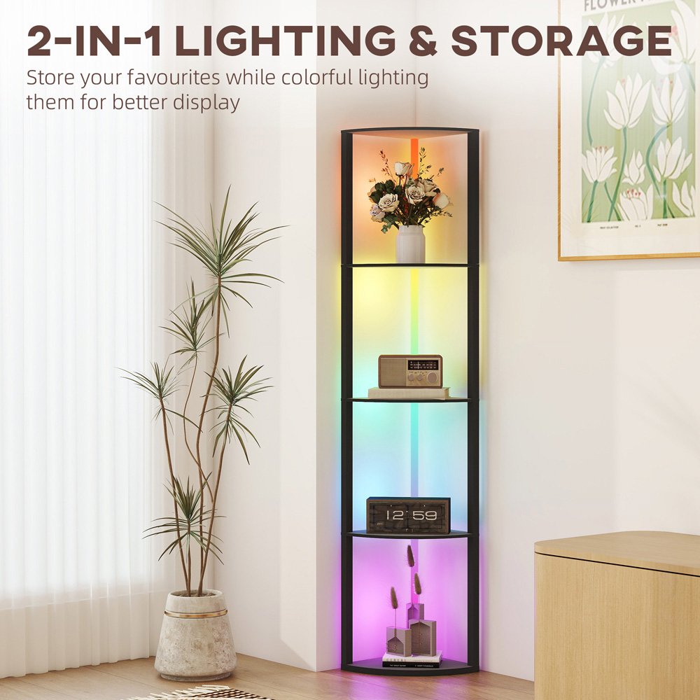 HOMCOM 5 Shelf Black Dimmable RGB LED Floor Lamp Image 7