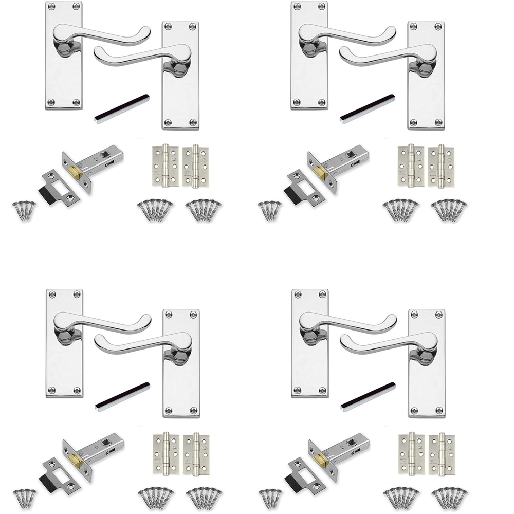 Golden Grace Polished Chrome Victorian Scroll Latch Door Handle Set 4 Pack Image 1