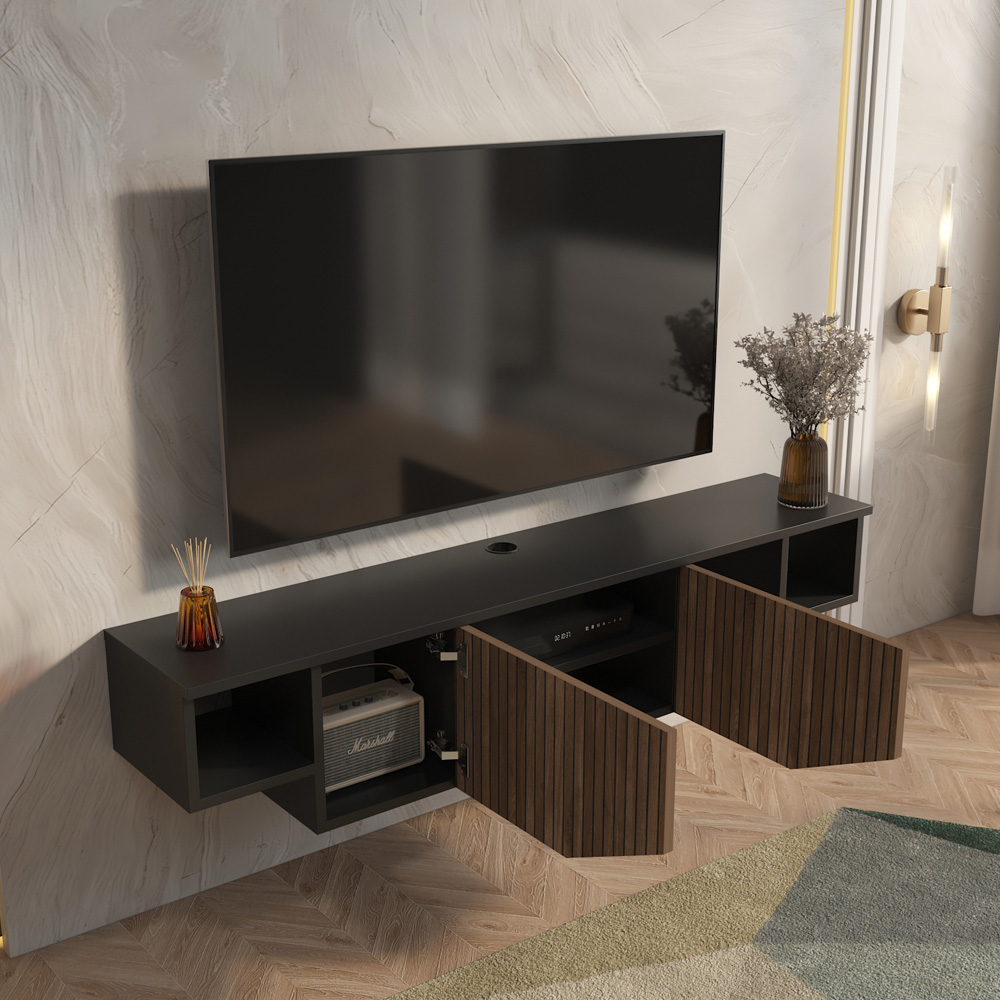 Decorotika Hera 2 Door 2 Shelf Black Alina Wall Mounted TV Unit Image 5