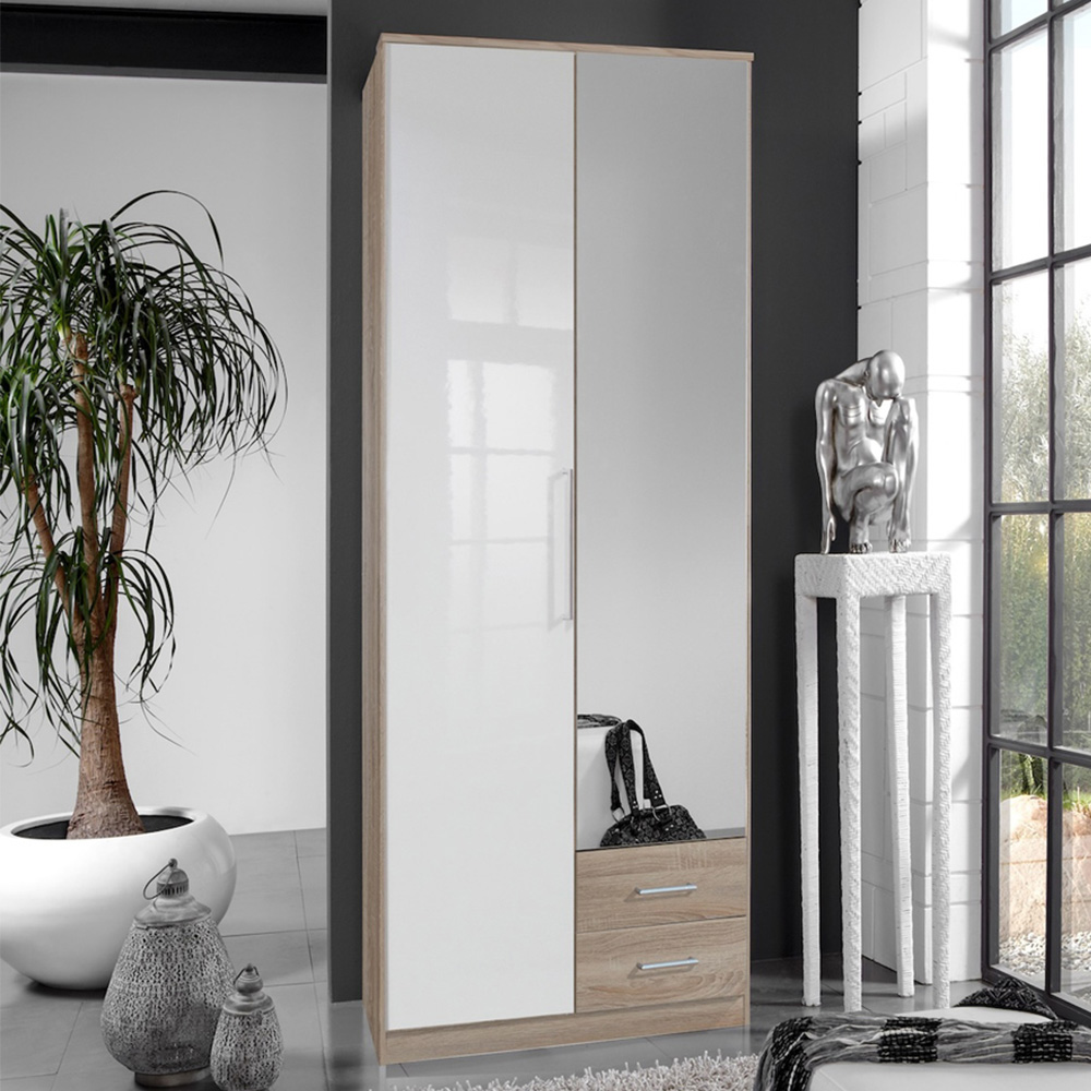 TJ'S Omega 2 Door 2 Drawer Oak and White Gloss Wardrobe Image 1