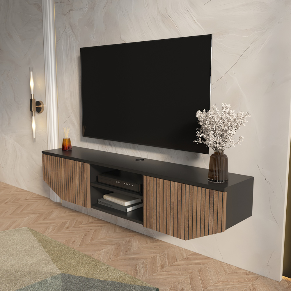 Decorotika Hera 2 Door 2 Shelf Black Alina Wall Mounted TV Unit Image 6