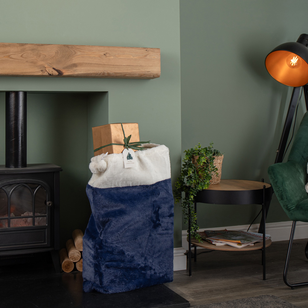 Samuel Alexander Blue Plush Christmas Sack with White Faux Fur Trim and Pom Poms 80 x 55cm Image 8