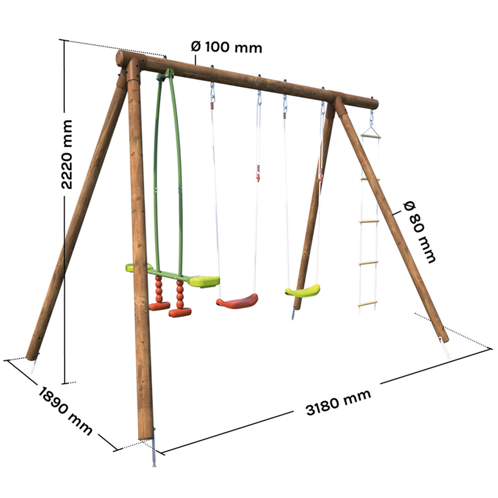 Soulet Gabin Kids Wooden Triple Swing Set with Rope Ladder Image 9