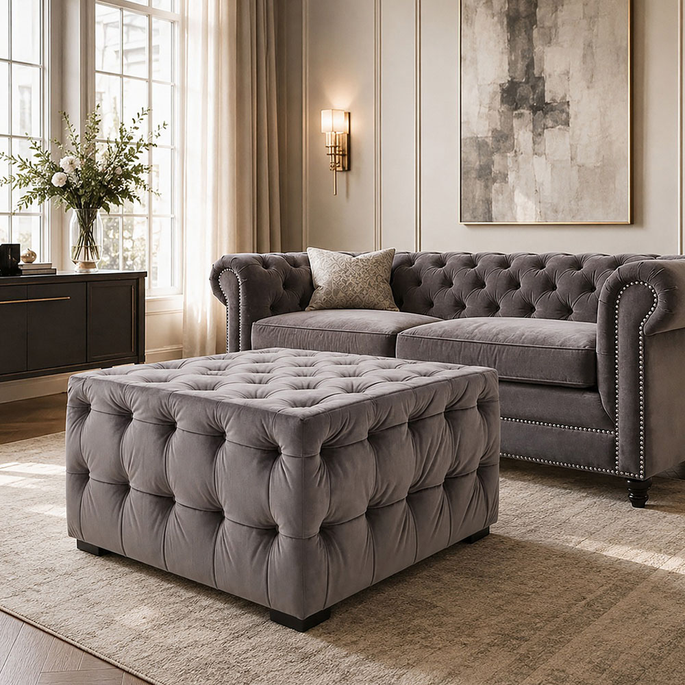 Premier Housewares Stella Grey Velvet Button Tufted Stool Image 3