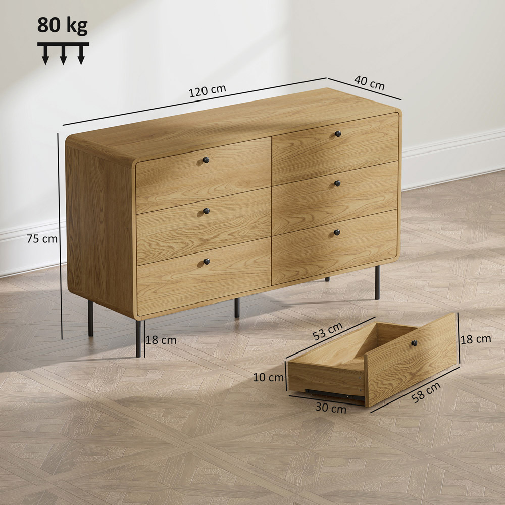 Portland 6 Drawer Oak Wide Chest of Drawers Image 9
