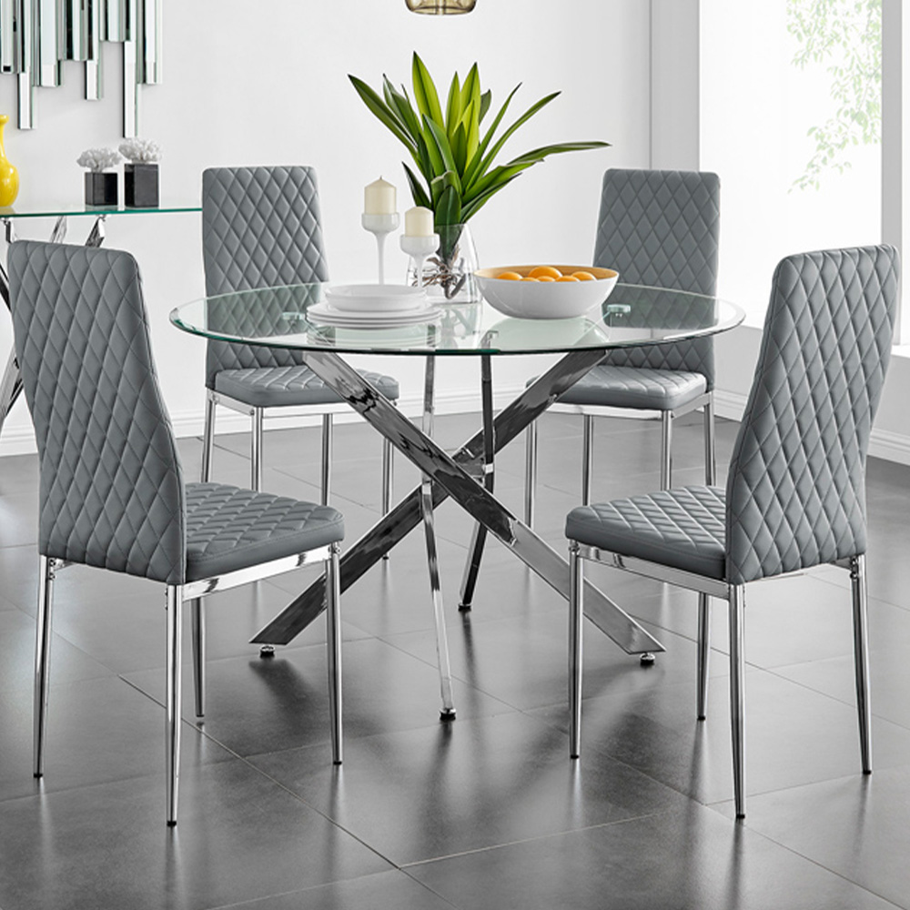 Furniturebox Arona Valera Glass 4 Seater Round Dining Set Chrome and Grey Image 1