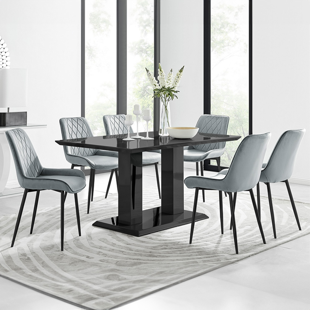 Furniturebox Molini Cesano 6 Seater Dining Set Black High Gloss and Grey  Image 1