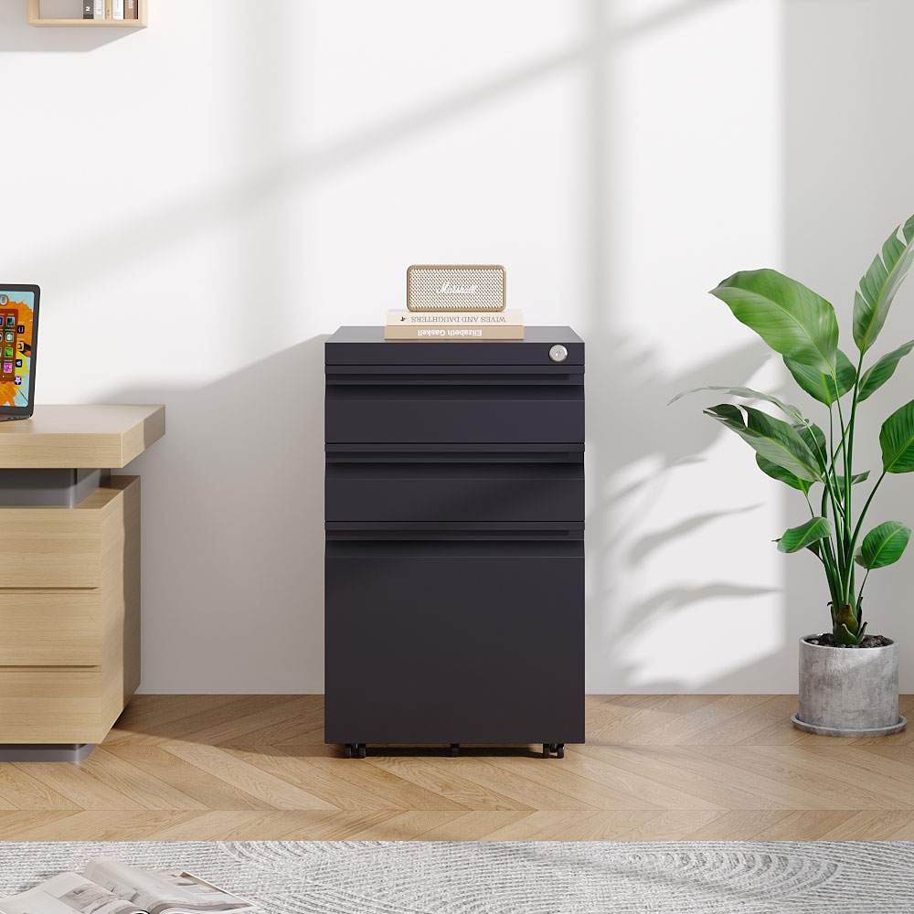 H&O Direct 3 Drawer Metal Filing Cabinet with Lockable Castor Wheels Image 6