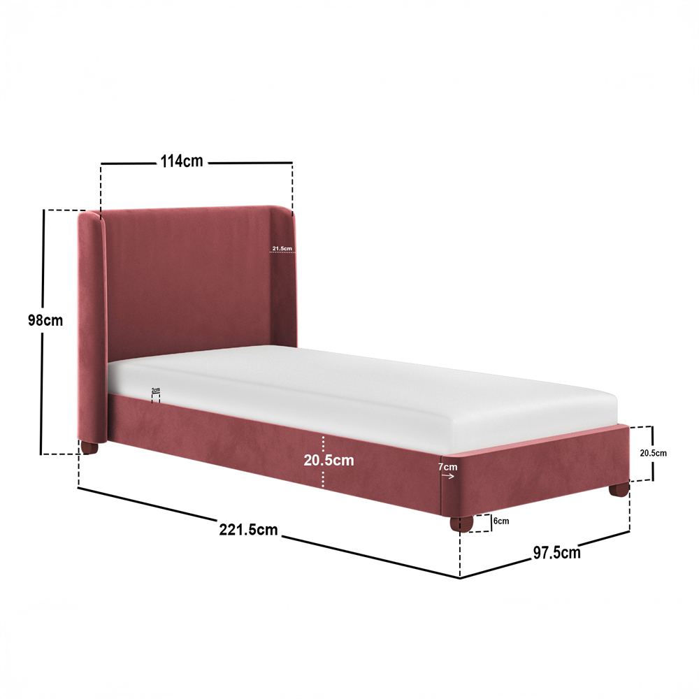 Flair Alma Single Pink Velvet Bed Frame with Winged Headboard Image 6