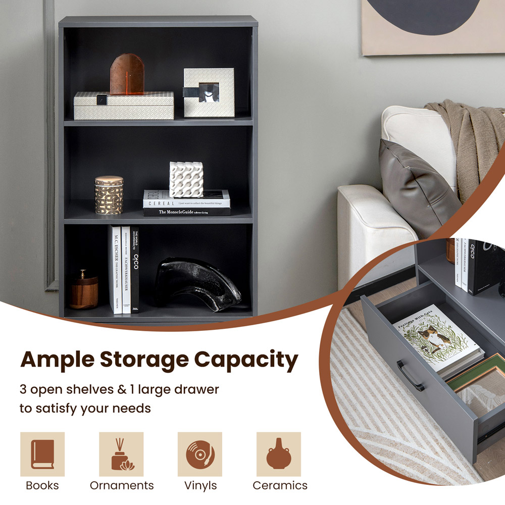 Costway Single Drawer 3 Shelf Grey Wooden Bookshelf Image 5
