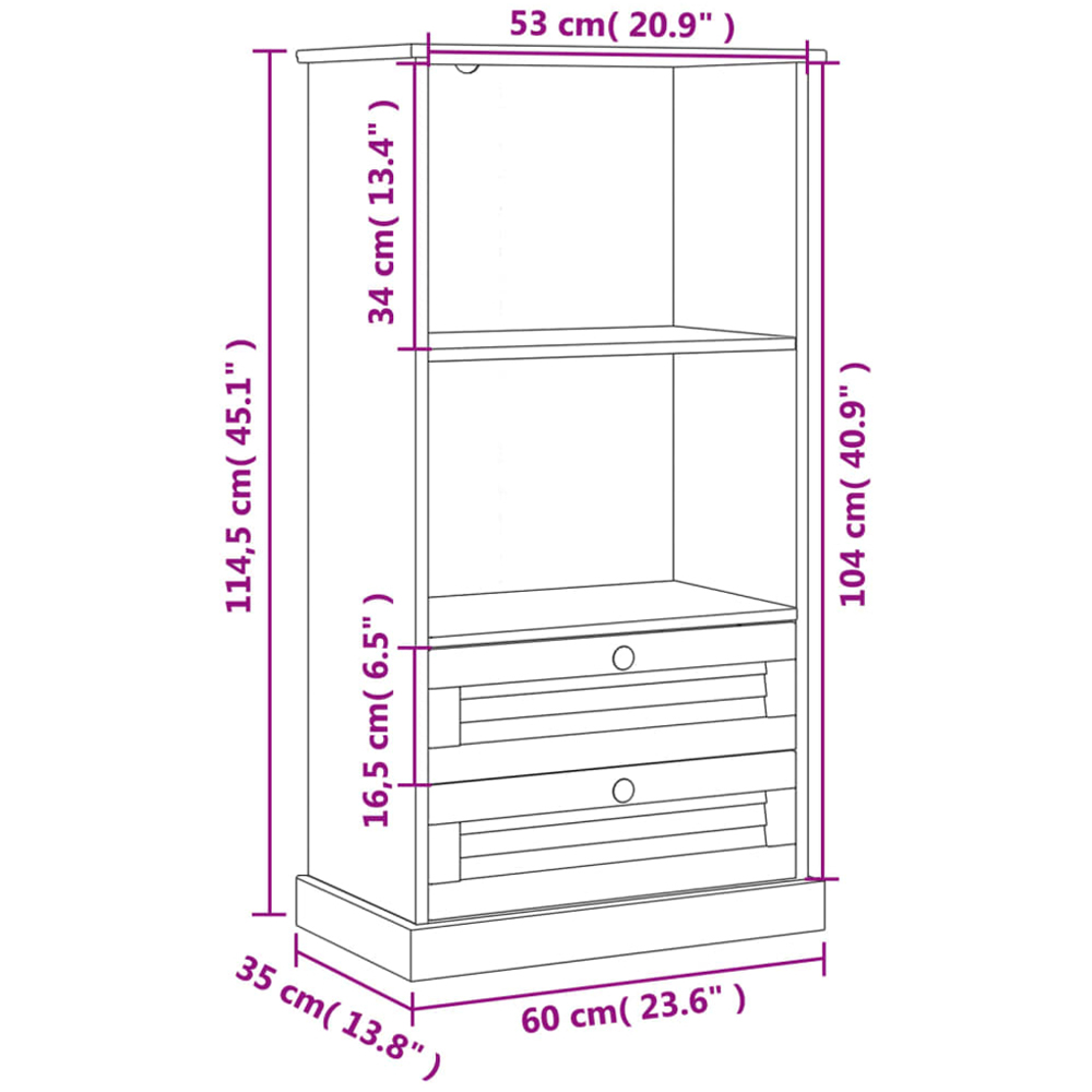 vidaXL Vigo 2 Drawer 2 Shelf Brown Solid Pine Wood Bookcase Image 9