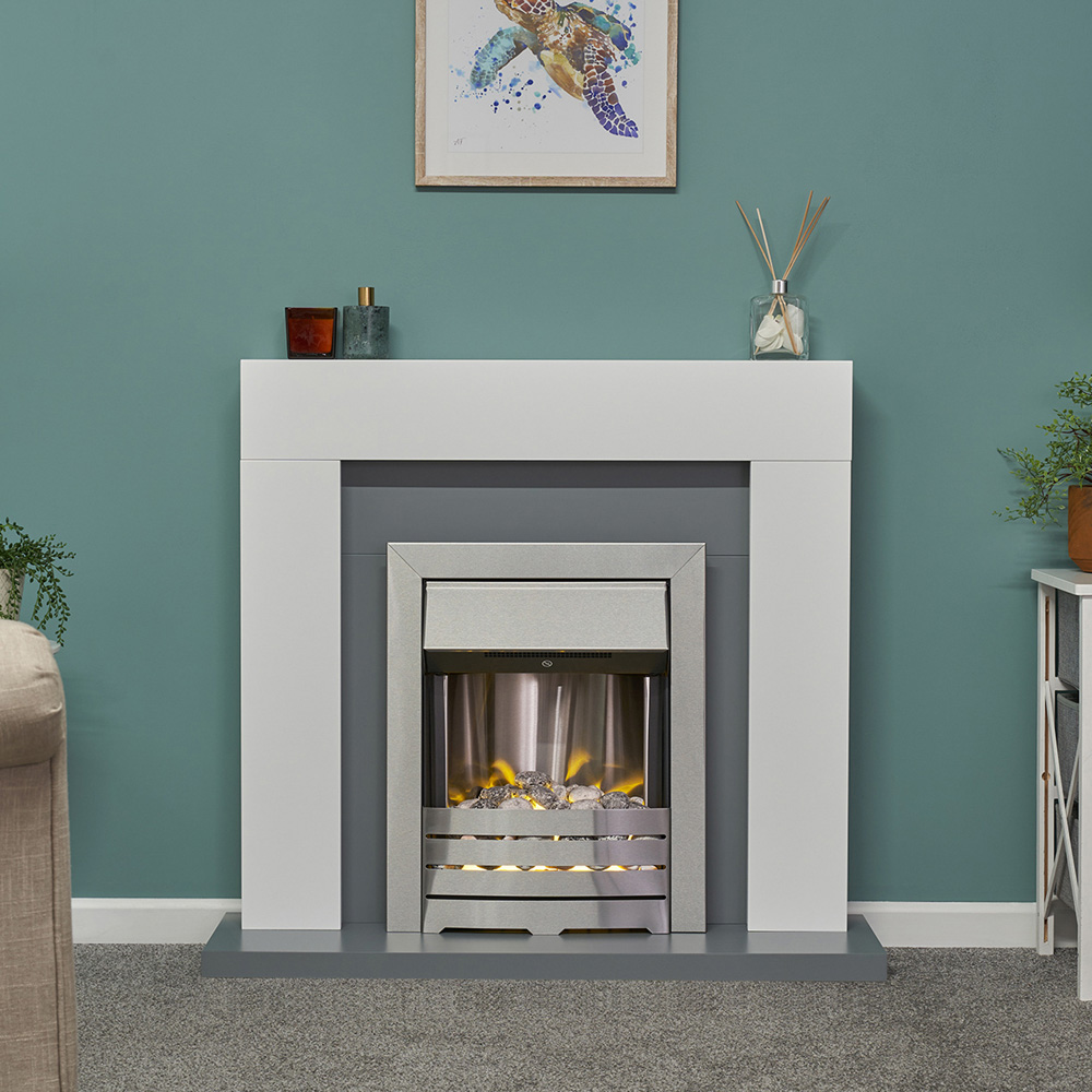 Adam Dakota Pure White and Grey Fireplace with Helios Brushed Steel Electric Fire Stove 39 inch Image 2