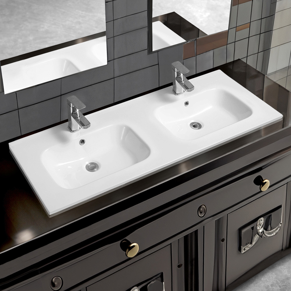 Limoge White Ceramic Thin Edge Double Inset Basin with Oval Bowl 1210mm Image 2