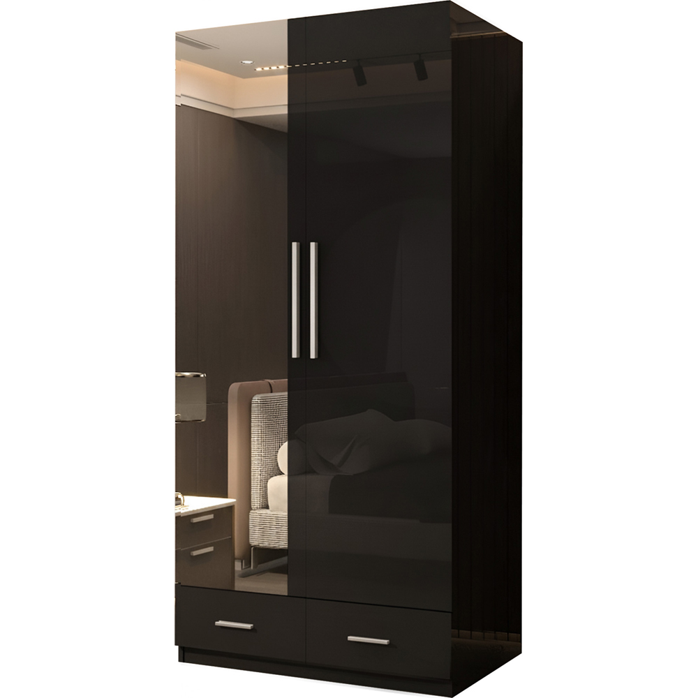 Sliding Wardrobes 4U 2 Door 2 Drawer Black High Gloss Hinge Door Wardrobe 90cm Image 2