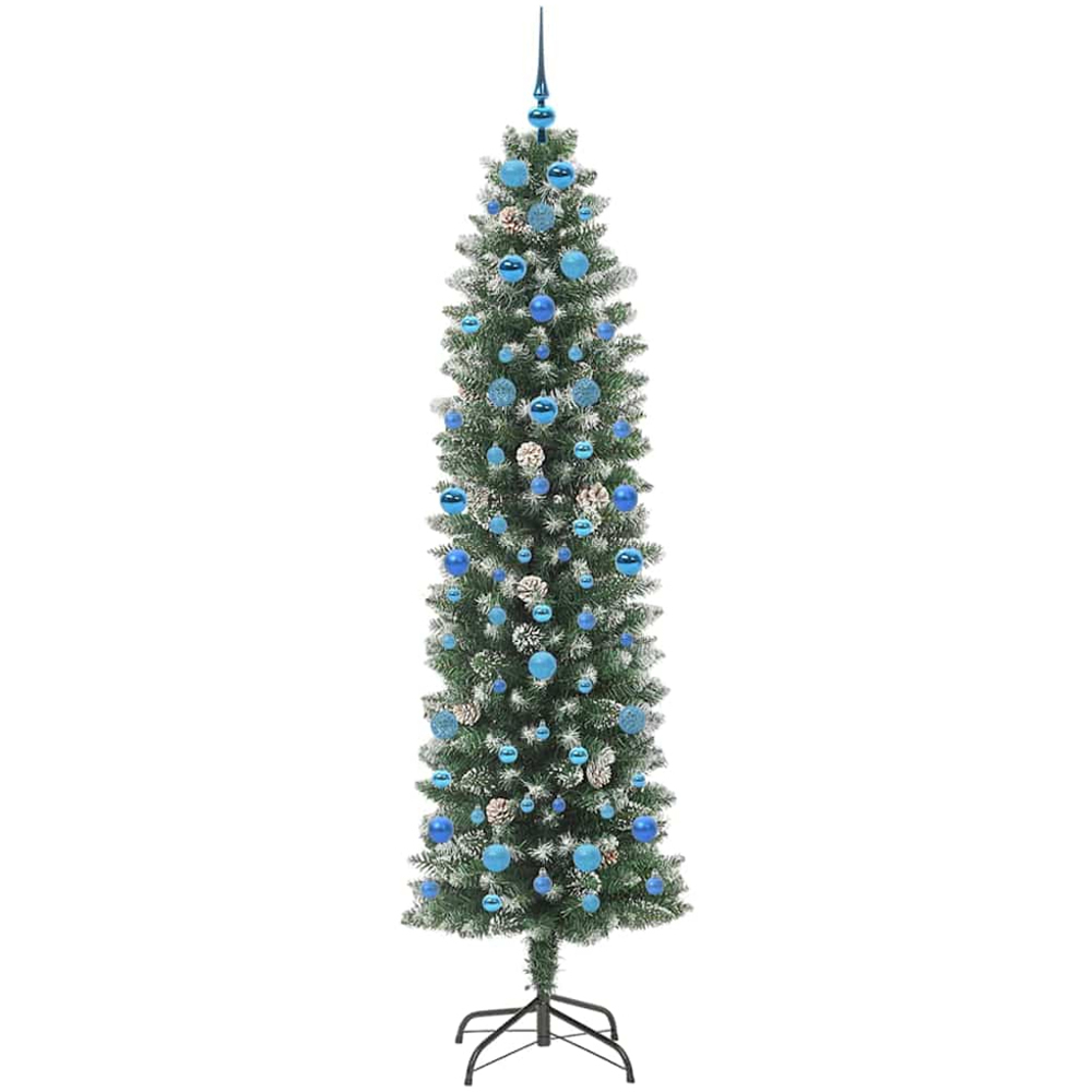 vidaXL Pre-Lit Warm White LED and Blue Baubles Green Slim Artificial Christmas Tree 7ft Image 2