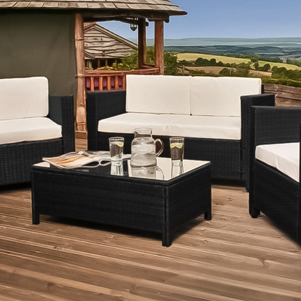 Brooklyn 4 Seater Black Rattan Sofa Chair and Table Set with Back Pads Image 2