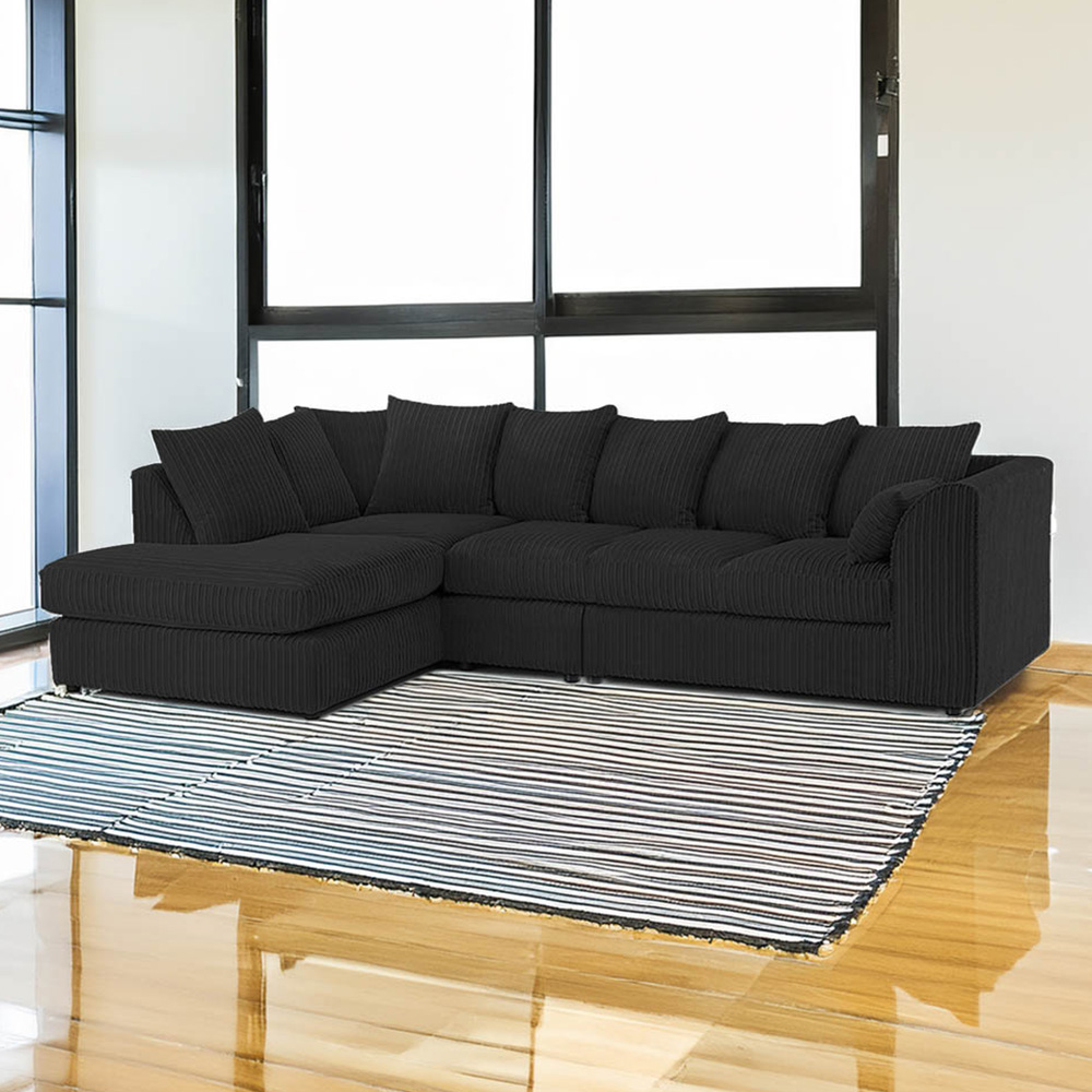 Luxor 4 Seater Black Jumbo Cord Left Hand Facing Scatter Back L Shaped Corner Sofa Set Image 1