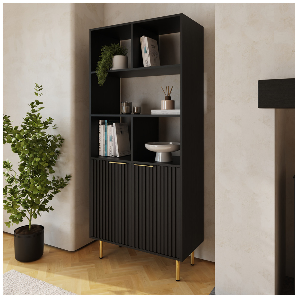 GFW Nervata 2 Door 5 Shelf Black and Gold Ribbed Tall Shelving Unit Image 7