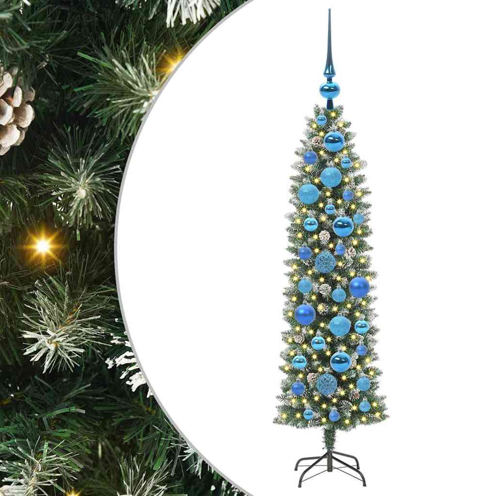 vidaXL Pre-Lit Warm White LED and Blue Baubles Green Slim Artificial Christmas Tree 4ft Image 7