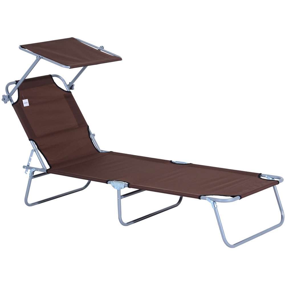 Outsunny Brown Foldable Sun Lounger with Sunshade Awning Image 2