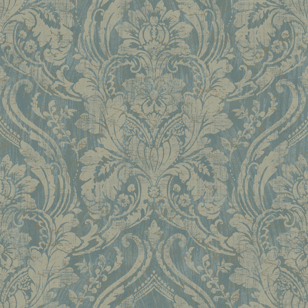 Grandeco Distressed Metallic Textured Damask Teal Wallpaper Image 1