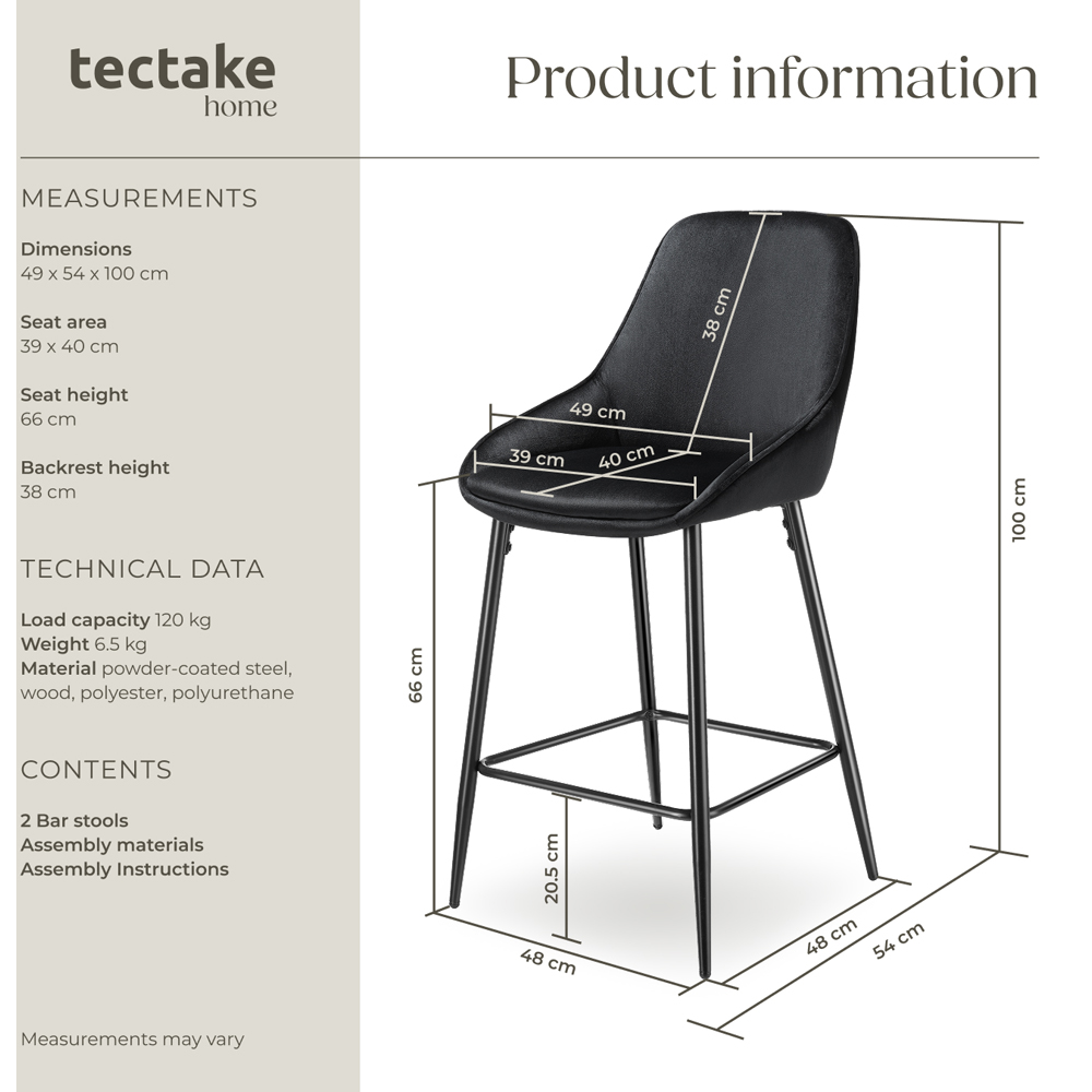 tectake Siera Black Velvet Look Bar Stool Set of 2 Image 8