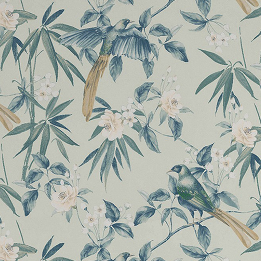 Arthouse Oriental Floral Birds Blue and Grey Wallpaper Image 1