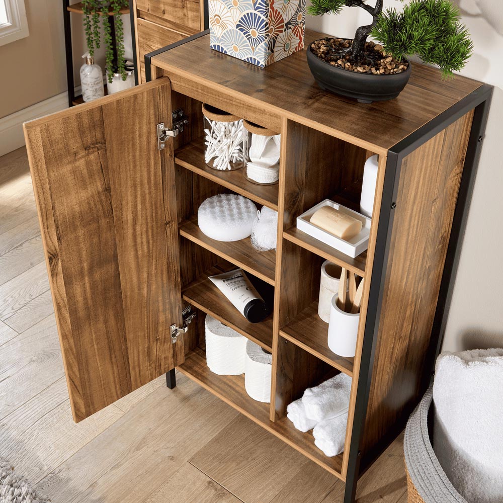 Home Source Locastra Single Door 3 Shelf Oak and Black Bathroom Floor Cabinet Image 3