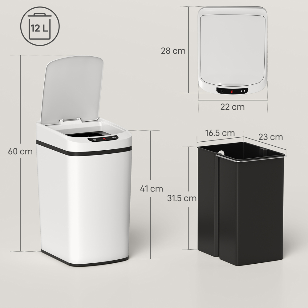 HOMCOM White Automatic Kitchen Sensor Bin with Removable Inner Bucket 12L Image 9