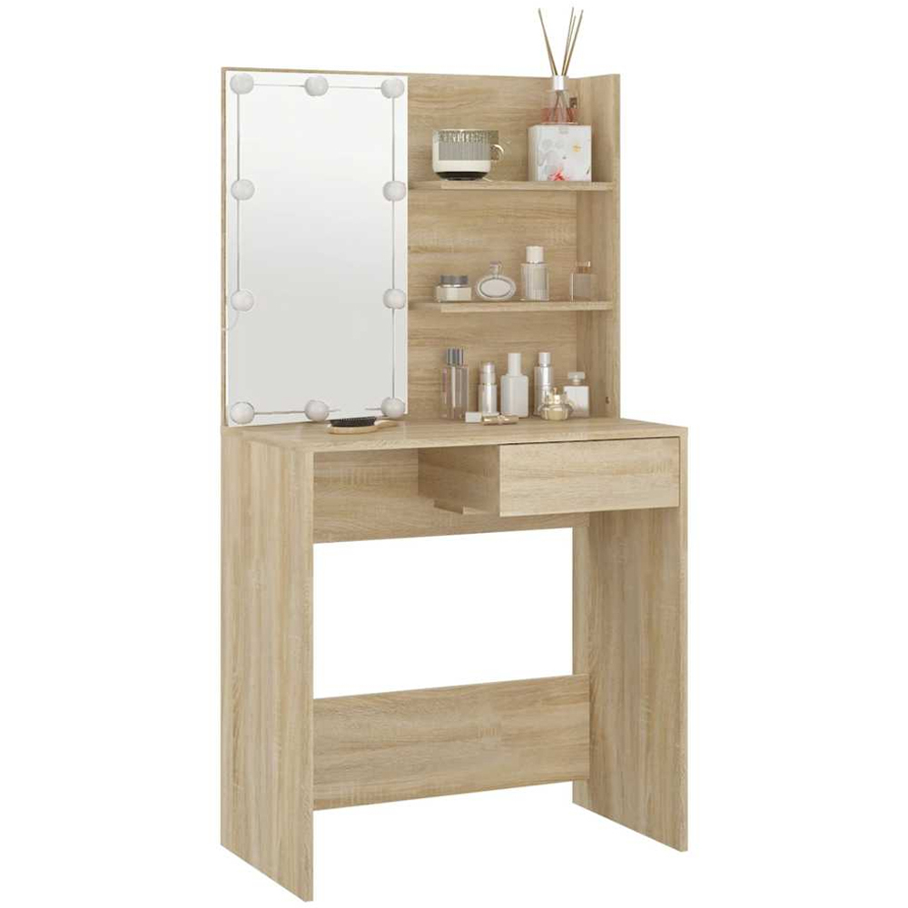 vidaXL Single Drawer 2 Shelf Sonoma Oak Dressing Table with LED Mirror Image 4