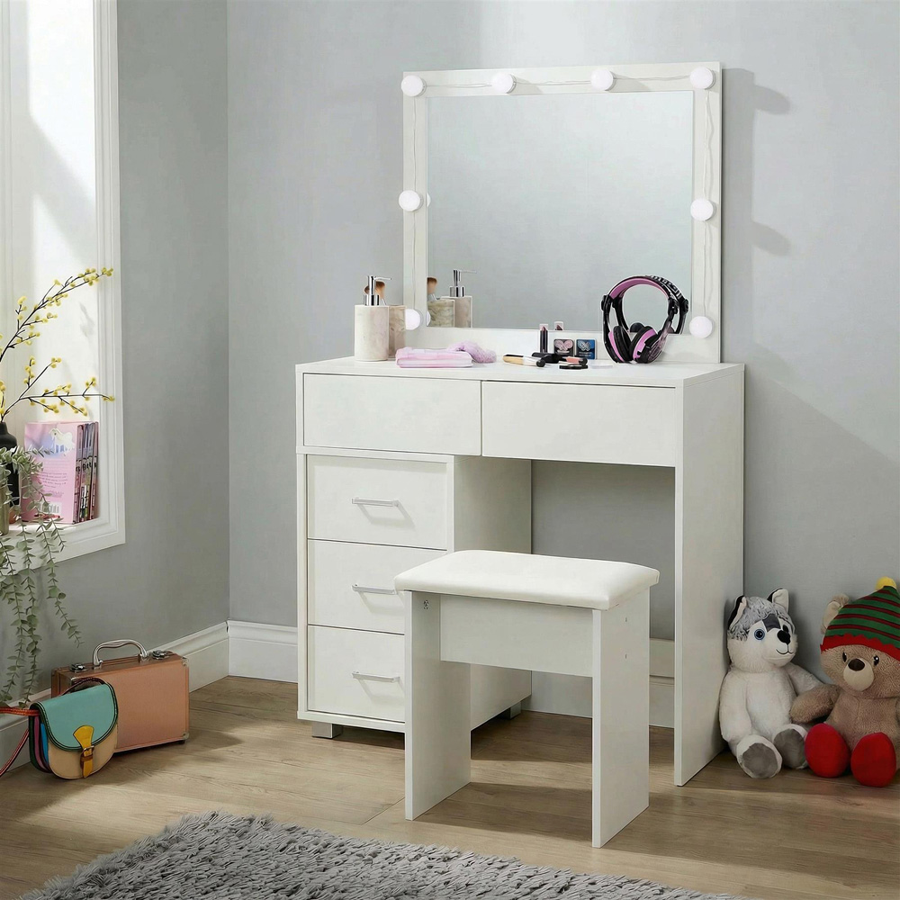 Home Source Vero 5 Drawer White Vanity Table and Cushioned Stool Set with LED Mirror Image 9
